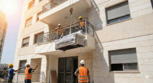 עובדי גובה מרימים חפצים כבדים למרפסות תוך הקפדה על בטיחות בעבודות בגובה