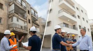 עבודות בגובה - פתרונות שיקום ואיטום מבנים בסנפלינג בסיס עבודות בניין בגובה – בסיס עבודות בגובה צוות מהנדסים בוחן מבנה מסוכן ומתפורר, ולצדו אותו בניין משופץ עם לחיצת יד בין בעל הנכס לקבלן