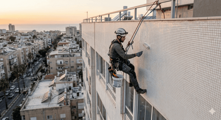פריחות מלח בקירות: למה זה קורה ומה עושים – בסיס עבודות בגובה איטום והגנה על קיר חיצוני בסנפלינג בבניין רב-קומות מול קו החוף