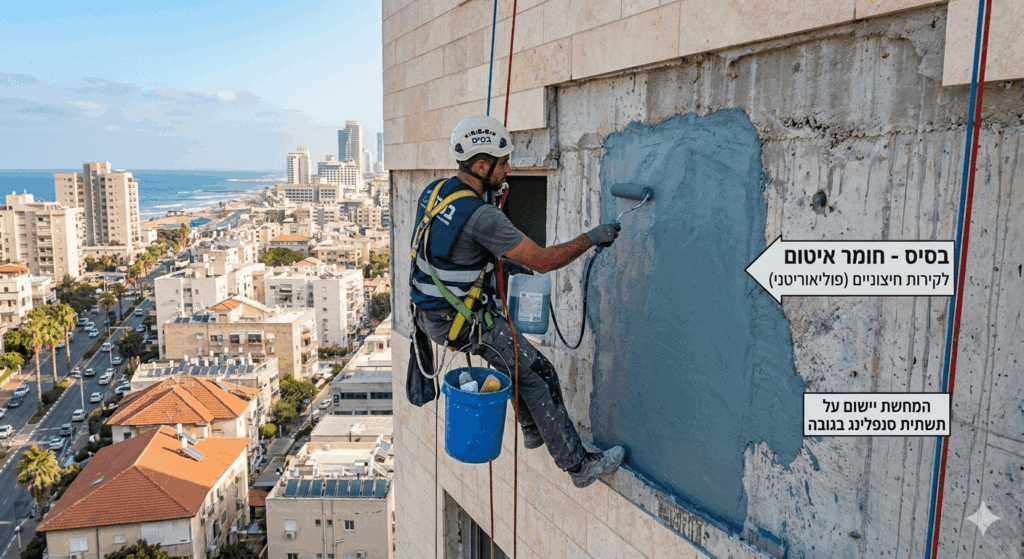 גולש בחבלים מורח בגלגלת שכבת חומר איטום פוליאוריטני אפור-כחול על קיר חיצוני של מגדל מול קו החוף