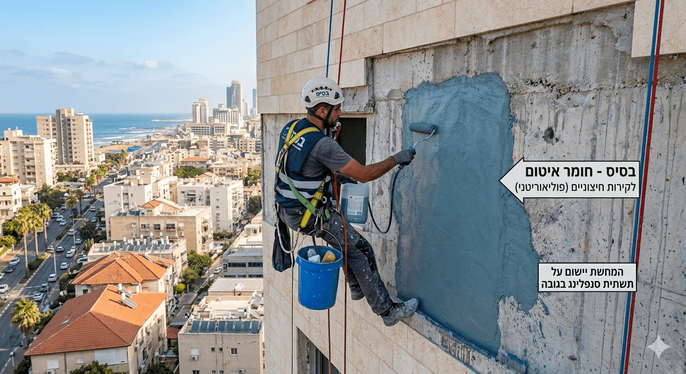 חומרים לאיטום קיר חיצוני — מה מתאים לאיזה קיר? – בסיס עבודות בגובה חומרים לאיטום קיר חיצוני — גולש מיישם שכבת ציפוי פוליאוריטני על קיר מגדל