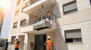 עובדי בניין עם ציוד עבודה בגובה על מרפסת בבניין מגורים.
