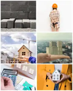 עובד בגובה עם קסדה, בניית מבנה, תכנון פיננסי, תכנון נדל"ן, עבודה עם מחשב, תכנון בית.