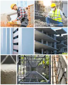 עובד עם קסדה ומדידות באתר בנייה בגובה.