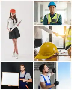 אנשי מקצוע בעבודות בגובה עם ציוד בטיחות וקסדות.