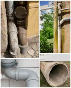 תמונות של עבודות בגובה עם צנרת ומבנים גבוהים.