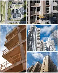 עבודות בנייה בגובה עם פיגומים ומנופים בבניינים גבוהים.
