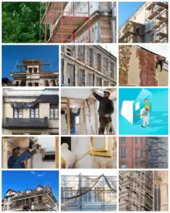 עבודות בגובה עם סולמות ופיגומים באתר בניה.