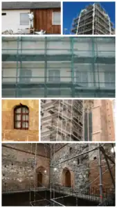עבודות בגובה עם סולמות ופיגומים באתר בניה.