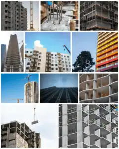עבודות בנייה בגובה עם פיגומים ומנופים באתרי בנייה.