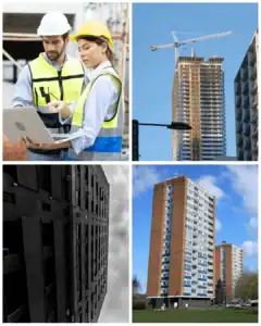 עובדי בניין עם ציוד בטיחות על אתר בנייה גבוה.