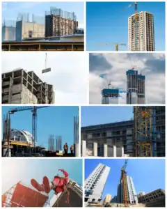עבודות בגובה בבנייה עם מנופים ומסגרות בניין גבוהות.