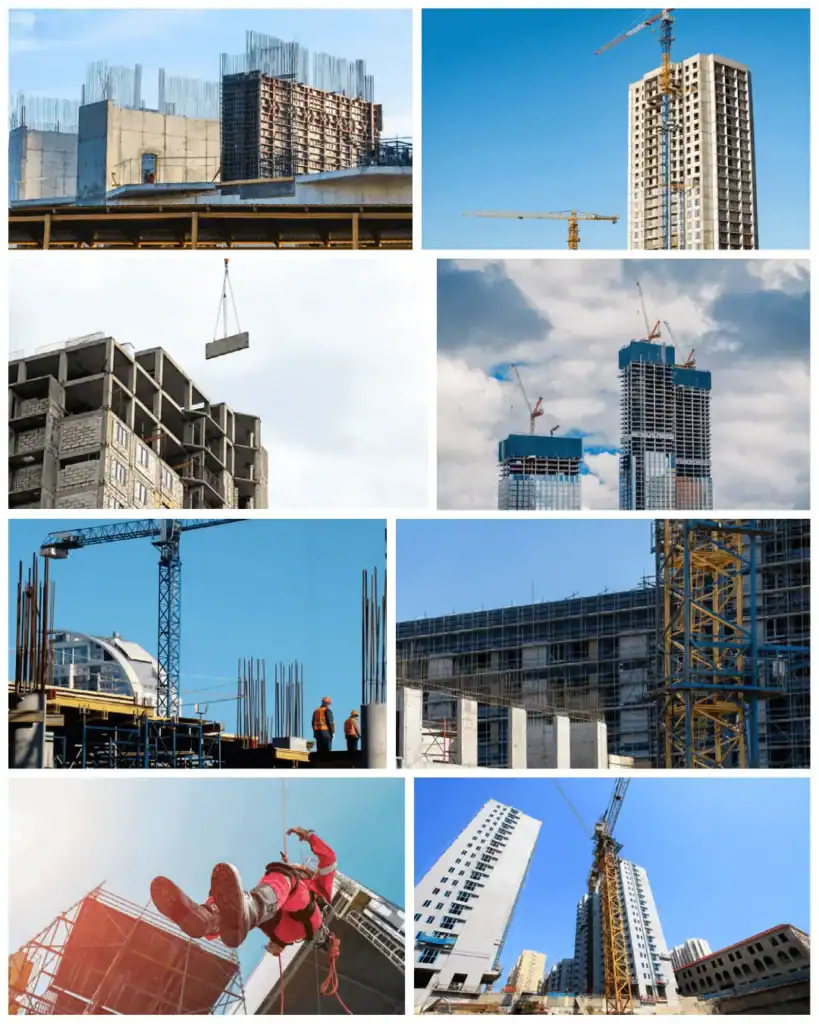 עבודות בגובה בבנייה עם מנופים ומסגרות בניין גבוהות.