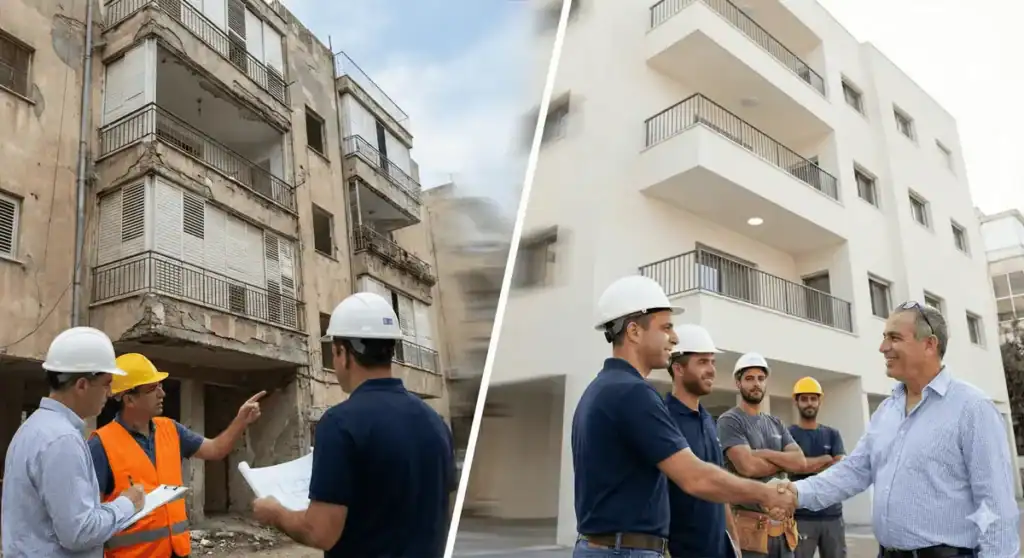 עבודות בגובה בסנפלינג — שיקום מעטפת בניין רב-קומות לפני ואחרי | בסיס פתרונות בגובה
