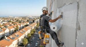 קבלן מבצע עבודות בגובה על בניין עם ציוד בטיחות מתקדם.
