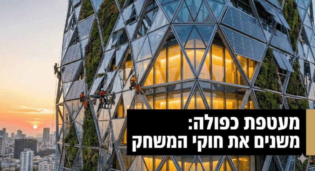 עובדי בנייה בגובה על בניין מודרני עם נוף עירוני.