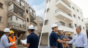 עבודות בגובה – פתרונות שיקום ואיטום מבנים בסנפלינג – בסיס עבודות בגובה עובדי בניין בשטח בנייה בגובה עם ציוד בטיחות, שיפוץ בניין ישן מול בניין חדש ומודרני.