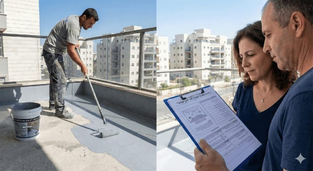 עובד מבצע עבודות בגובה על גג בניין משרדים עם צוות פיקוח.