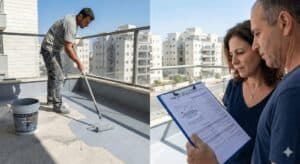 עובד מבצע עבודות בגובה על גג בניין משרדים עם צוות פיקוח.