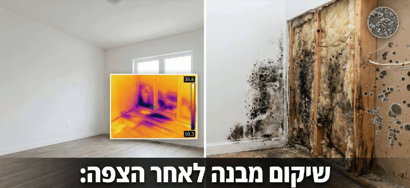 איטום חזיתות מבנים בסנפלינג — הגנה מלאה למעטפת הבניין – בסיס עבודות בגובה בדיקת נזילות ועובש בקירות באמצעות מצלמה תרמית לפני תחילת האיטום
