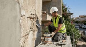 קבלן עבודה בגובה משייף קיר חיצוני עם ציוד בטיחות.