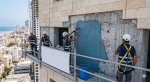עובדי בניין בגובה משתמשים באביזרי בטיחות על בניין גבוה.