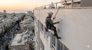 עובד בגובה עם ציוד בטיחות מנקה קיר חיצוני של בניין רב קומות.