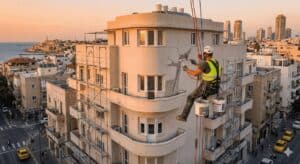 עובד בגובה עם ציוד בטיחות על בניין גבוה בישראל.