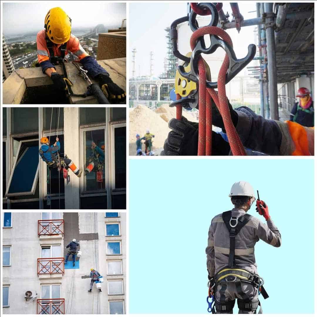 עבודות צביעה בגובה על חזית בניין — צוותים עם חבלים וציוד בטיחות