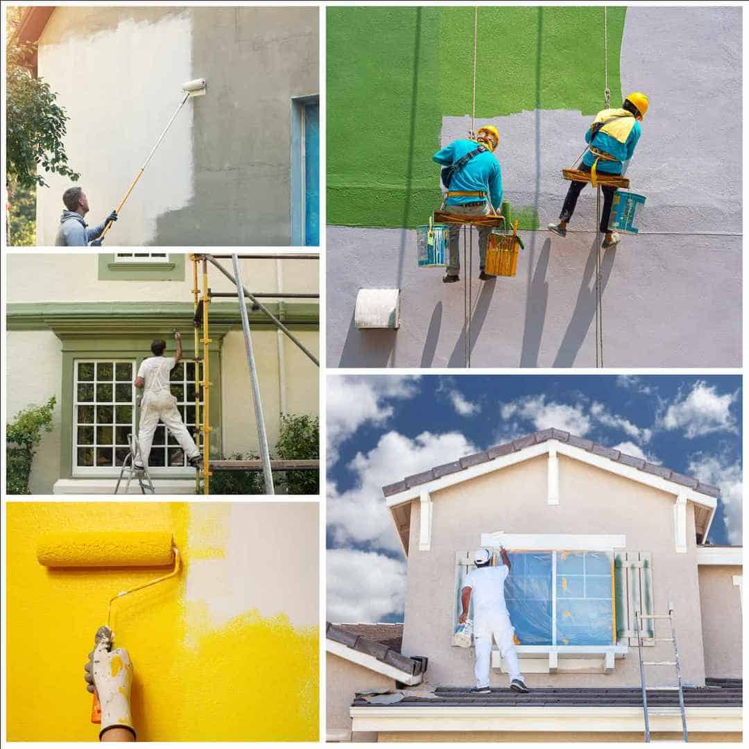 צוות מקצועי של בסיס עבודות בגובה מבצע שטיפה והכנת קיר חיצוני לצביעה באמצעות סנפלינג