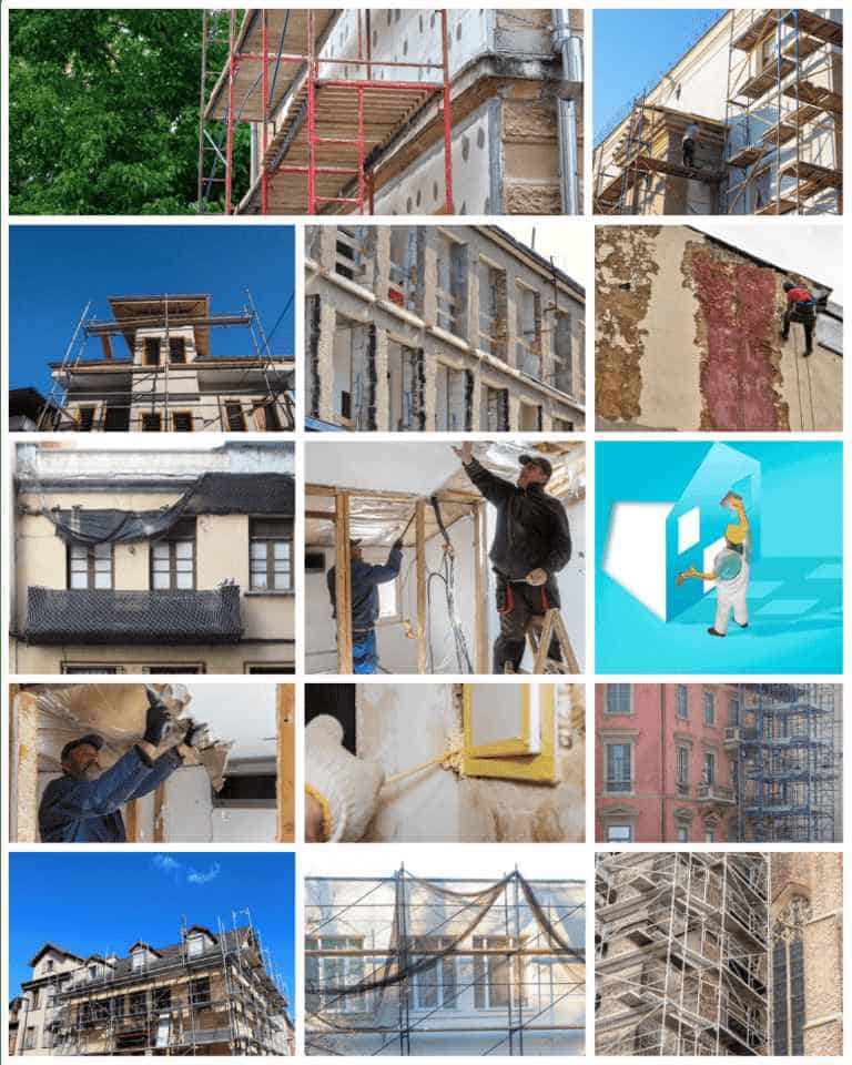 עבודות בנייה בגובה עם סולמות ופיגומים באתר בנייה.