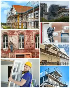 עבודות בנייה בגובה עם סרקופגים וגלגלות בטיחות.