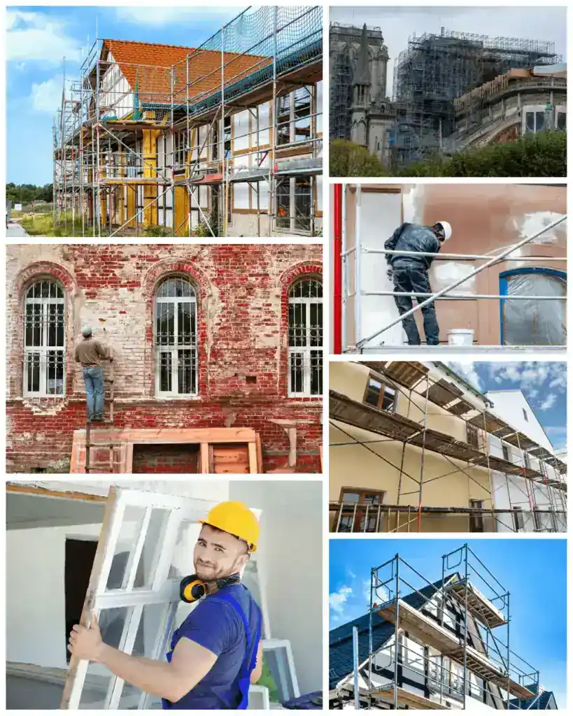 עבודות בנייה בגובה עם סרקופגים וגלגלות בטיחות.