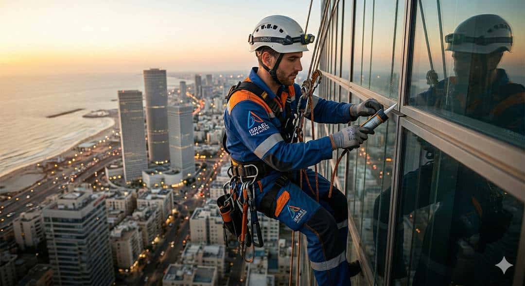 צוות בסיס מבצע עבודות איטום קירות חיצוניים בסנפלינג בגישה מהירה ובטוחה