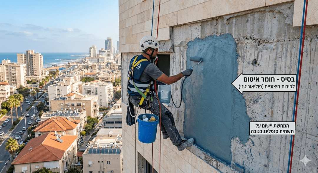 גולש בחבלים מורח בגלגלת שכבת חומר איטום פוליאוריטני אפור-כחול על קיר חיצוני של מגדל מול קו החוף