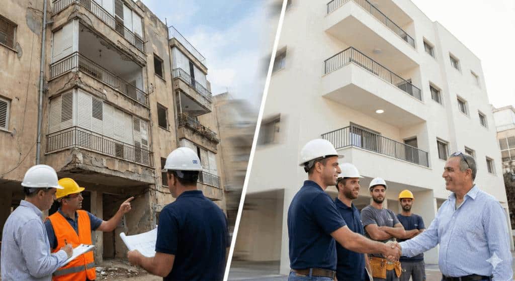 צוות מהנדסים בוחן מבנה מסוכן שקיבל צו, ולצדו אותו בניין אחרי שיקום חזית