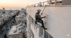 עובד בגובה עם ציוד בטיחות מנקה קיר חיצוני של בניין רב קומות.