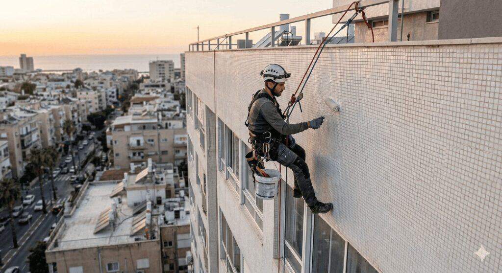 עובד בגובה עם ציוד בטיחות מנקה קיר חיצוני של בניין רב קומות.